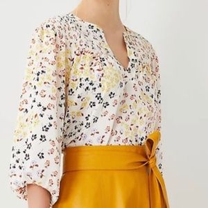 Ann Taylor Floral Smocked Yoke Cream Balloon Sleeve Top Blouse Large Spring